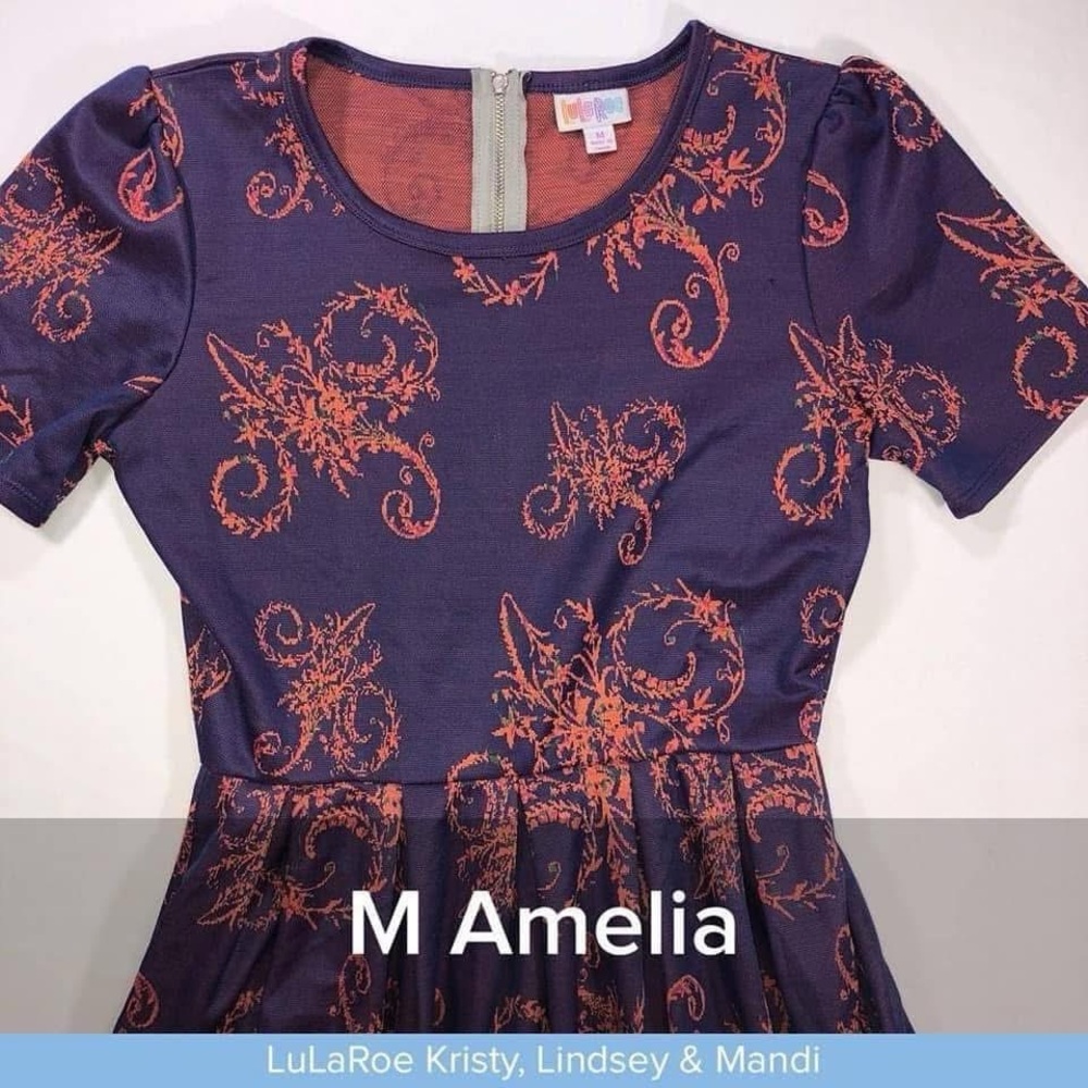 LuLaRoe Amelia Dress with Purple and Coral Swirls
